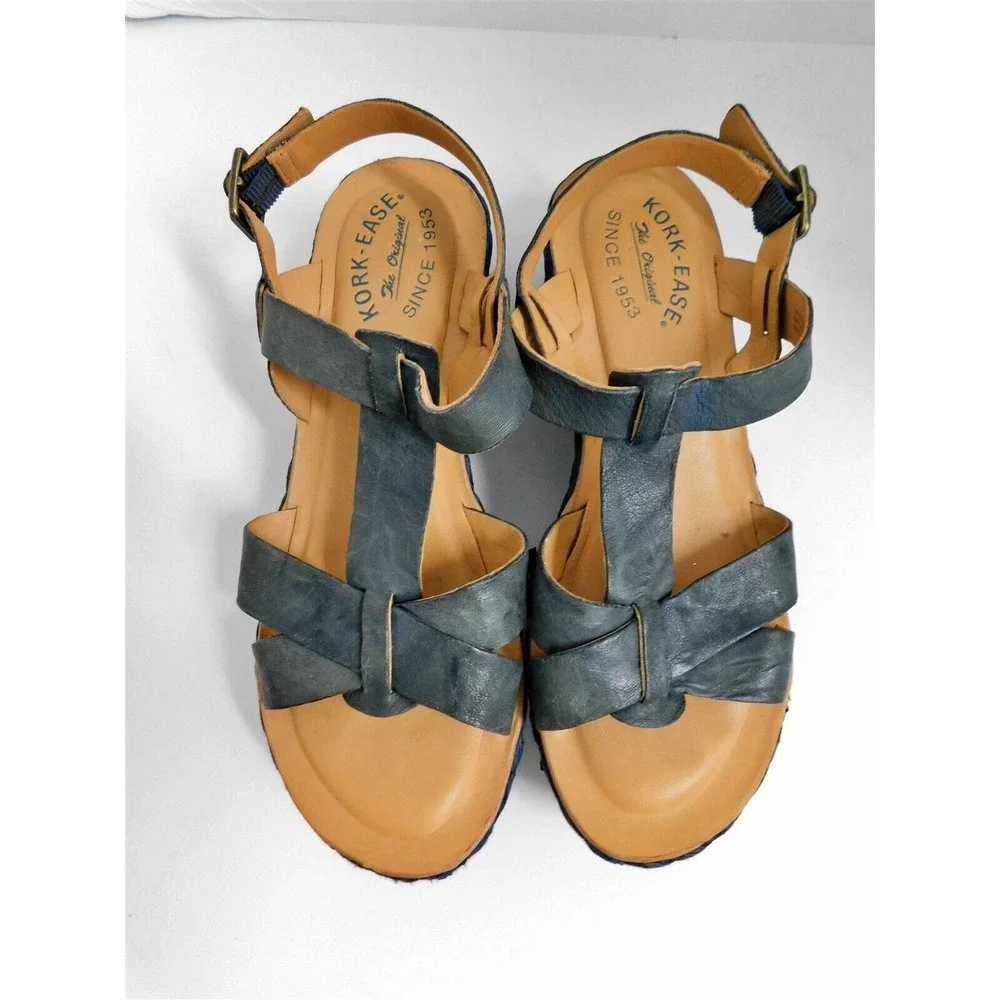 Kork-Ease Blue Leather Straw Espadrille Platform Wedge Heel 39‎